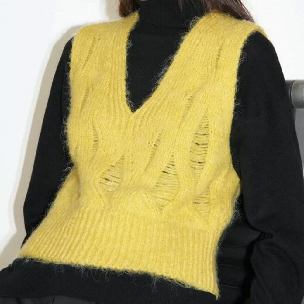 Zara Women's Ripped Distressed Knit Sleeveless Sweater Vest in Yellow Size Large